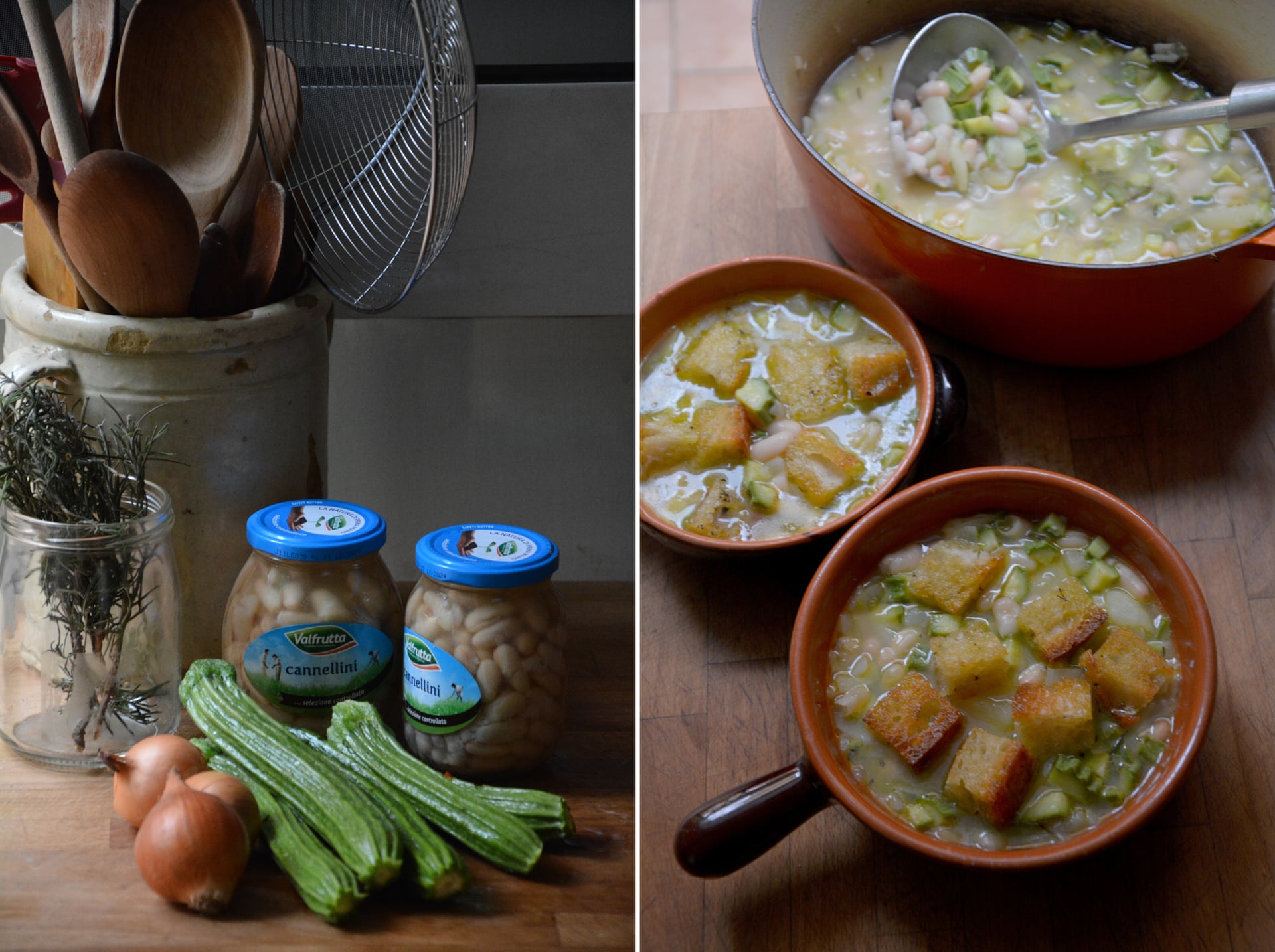  Courgette, cannellini bean and herb soup with croutons