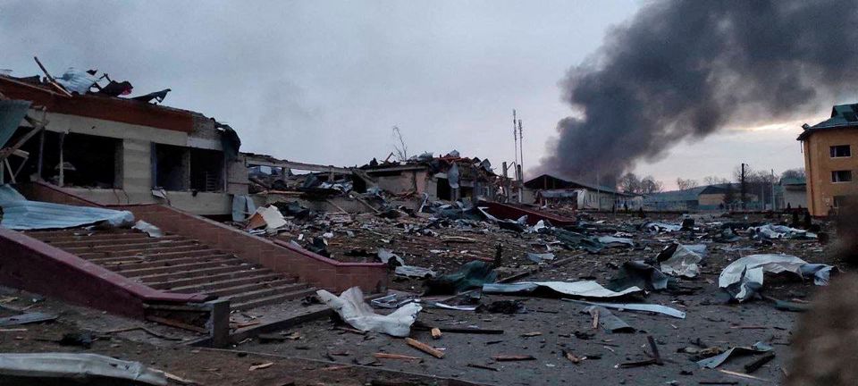 Debris after Russian shelling at Yavoriv military base near NATO Border