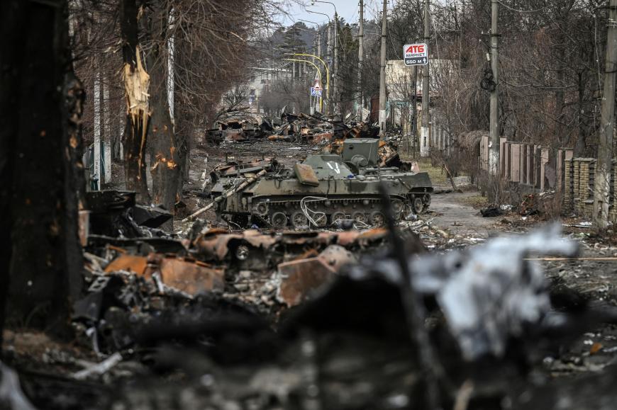 Destroyed Russian armored vehicles in the city of Bucha