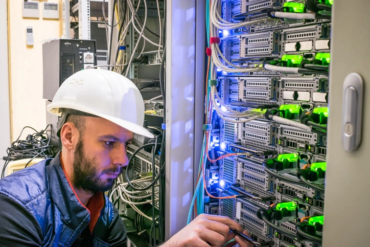 a worker is chechking a Telecommunications Equipment