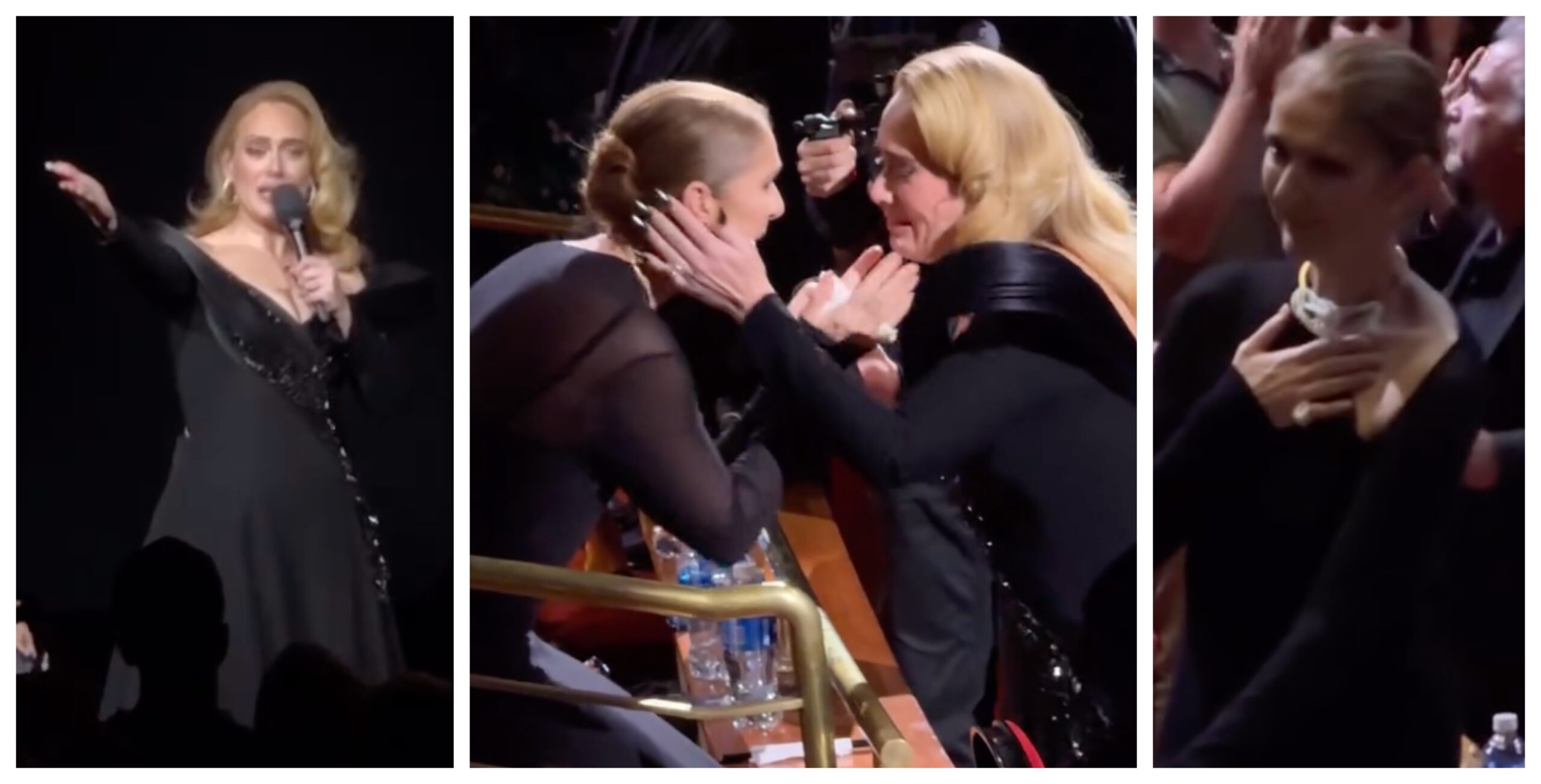 In tears, Adele hugs Celine Dion